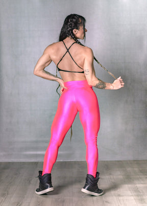 Conjunto Fitness PowerPulse - Top Gloss + Calça Legging Básica Gloss - Preto/Rosa