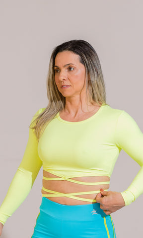 Top Fitness Academia Cropped Manga Longa FlexiGlow Verde