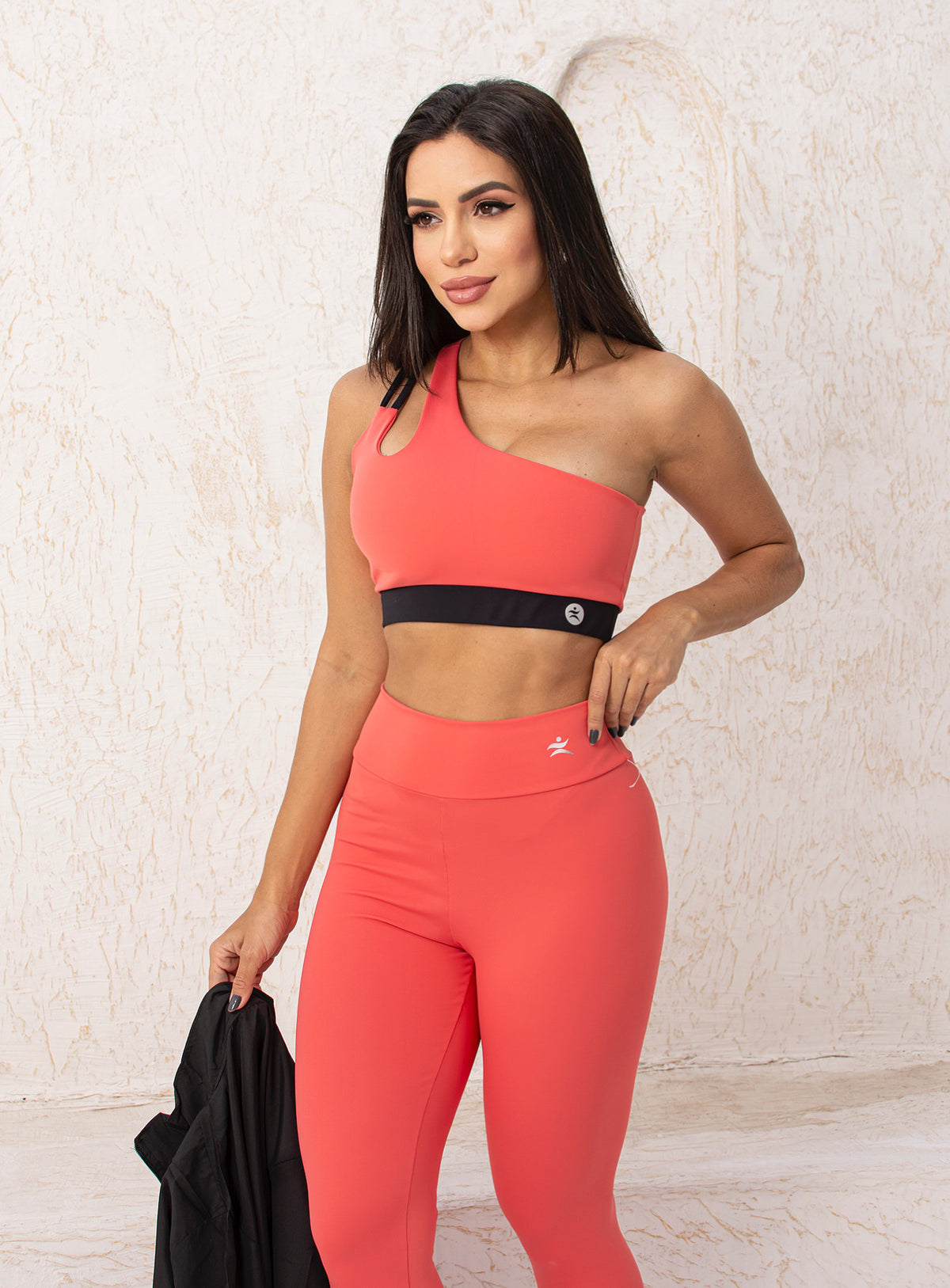 Conjunto Fitness Academia CorePower Top Ombro Só+ Legging Poliamida com Detalhes Coral